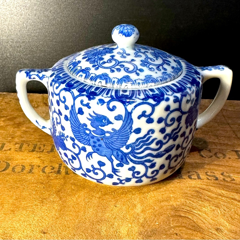 Noritake Morimura Phoenix Bird Sugar Bowl Vintage- EUC Blue and White